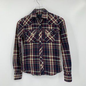 Ralph Lauren red blue cotton flannel plaid shirt pearl snap western women top 2
